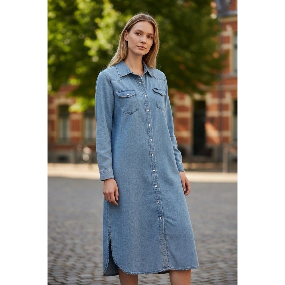 Lee Women's Denim Long Sleeve Midi Dress Western Yolk Pearl Snap Size M Pockets
